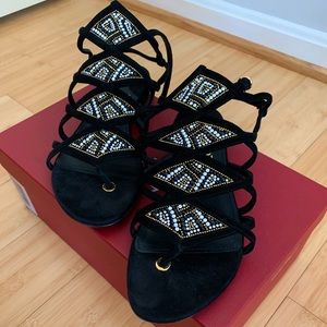 Ferragamo Beaded Embroidery Suede Sandals NWT